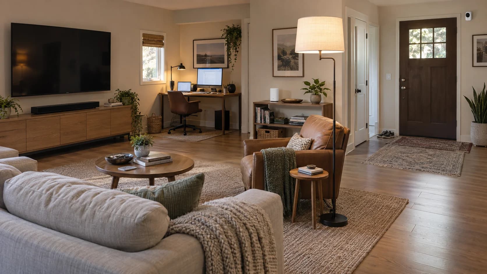 A living room with a TV and soundbar on the left, a two-screen workspace, a gateway on a shelf, a reading lamp and an entry camera.