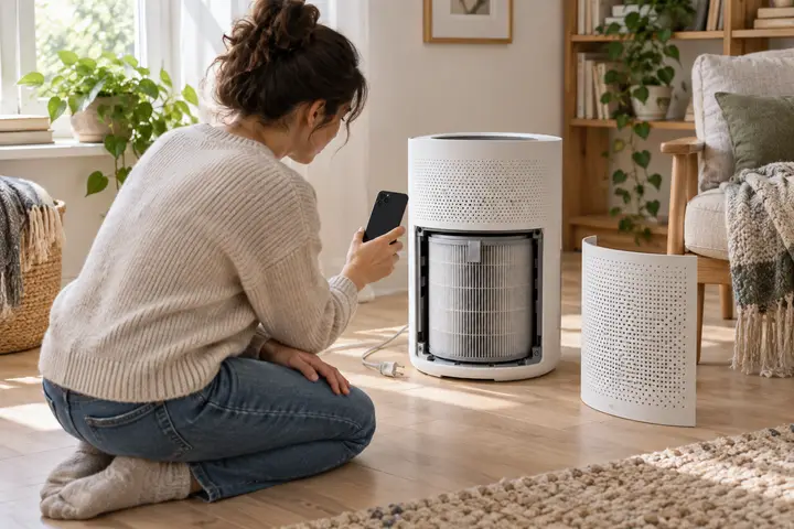 A customer uses her phone to share an unplugged air purifier’s filter compartment.
